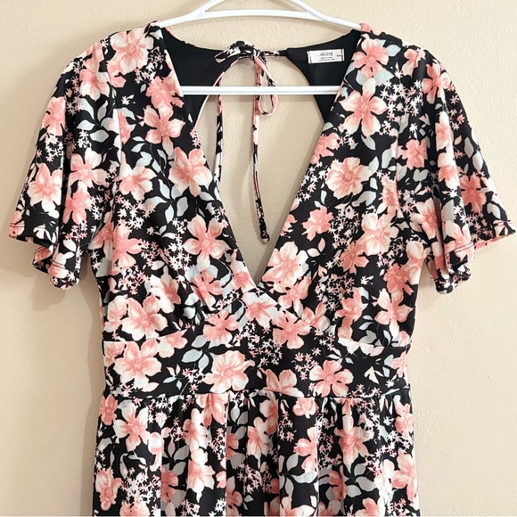 Black Flutter Sleeve A-Line Dress Pink Grey Floral & Deep V-Neck - Picture 3 of 16